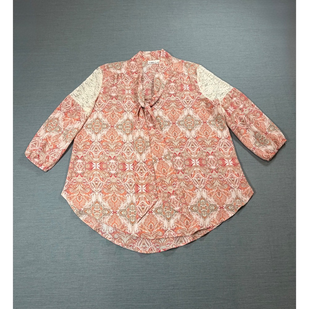 Cato Tie Neck Blouse Women XL Orange Paisley Lace 3/4 Sleeve Excellent Boho